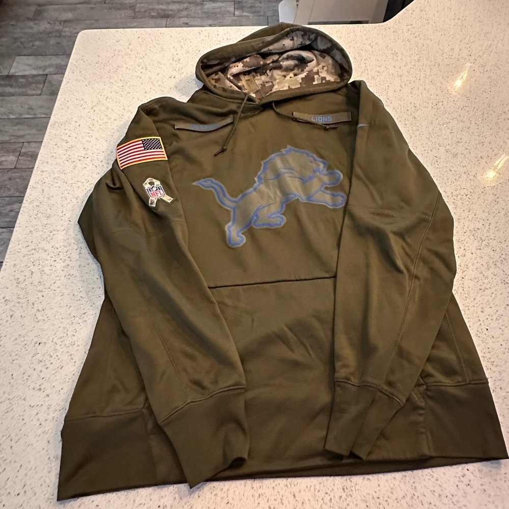 NFL Detroit Lions Salute to Service Olive Green Hoodie with Blue Lions Logo